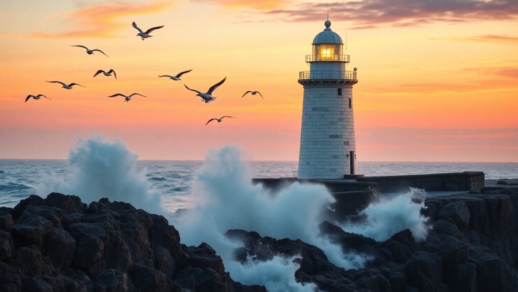 Lighthouse At Sunset – free AI stock image