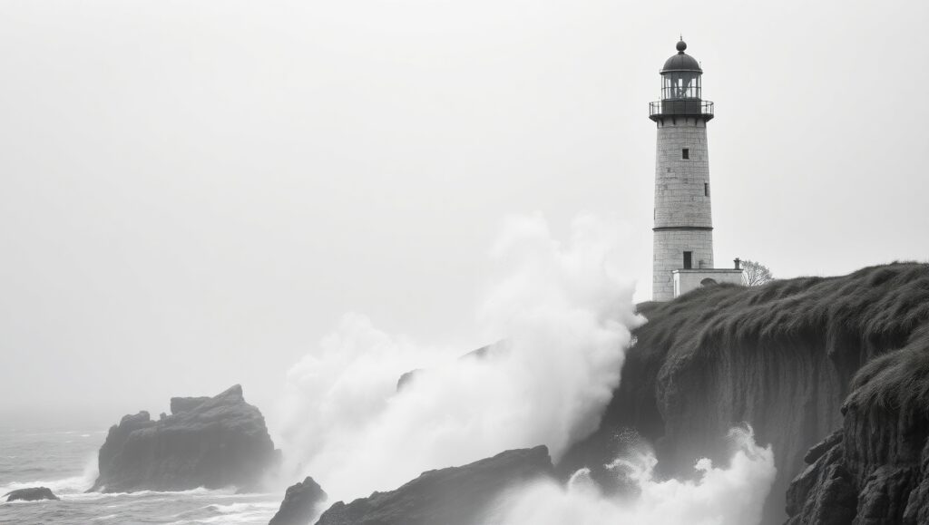 Lighthouse in Monochrome Mist – free AI stock image