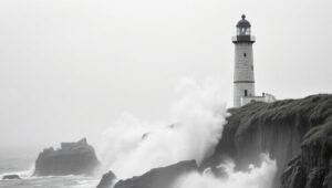 Lighthouse in Monochrome Mist – free AI stock image
