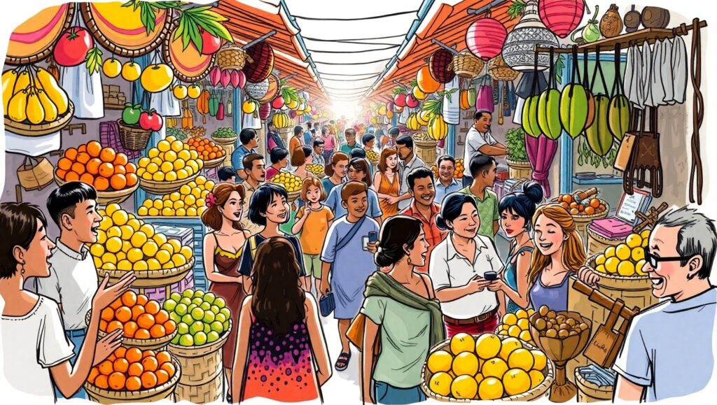 Lively Market Day in Color Sketch – free AI stock image