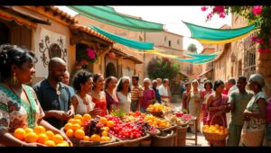 Lively Village Market in Color Sketch – free AI stock image