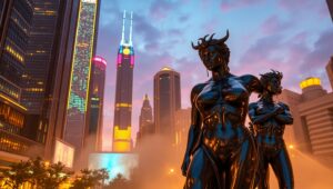 Living Bronze in a Dusk Cityscape – free AI stock image