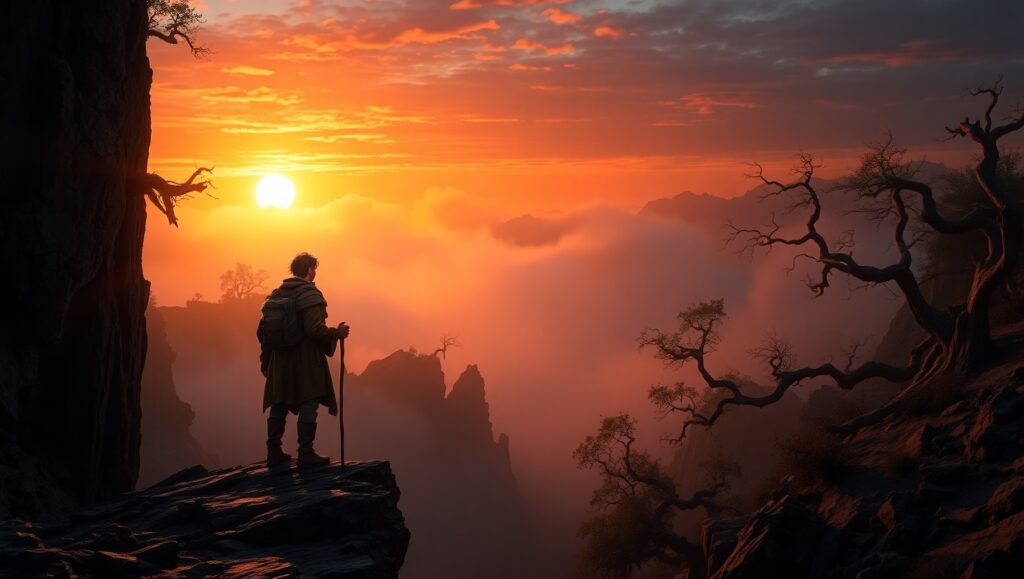 Lone Traveler at the Foggy Cliff – free AI stock image