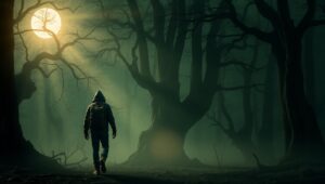 Lone Traveler in a Mystical Forest – free AI stock image