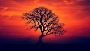 Lone Tree Against Geometric Sunset – free AI stock image