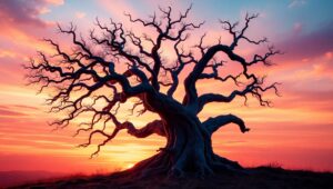 Lone Tree at Sunset Silhouette – free AI stock image