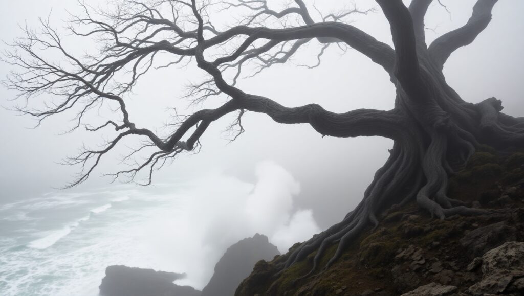 Lone Tree on Foggy Cliff – free AI stock image