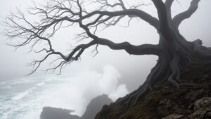 Lone Tree on Foggy Cliff – free AI stock image