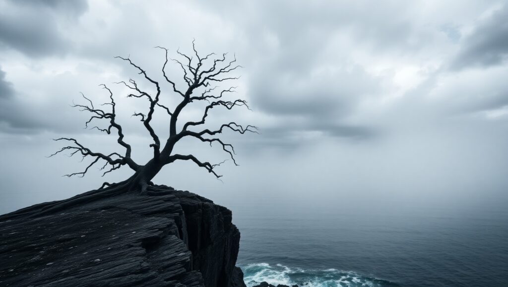 Lone Tree Overlooking Foggy Ocean – free AI stock image