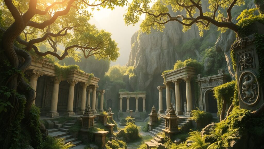 Lost Civilization in Lush Jungle – free AI stock image