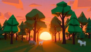 Low-Poly Sunset Forest Landscape – free AI stock image
