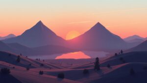 Low-Poly Sunset Lake Landscape – free AI stock image