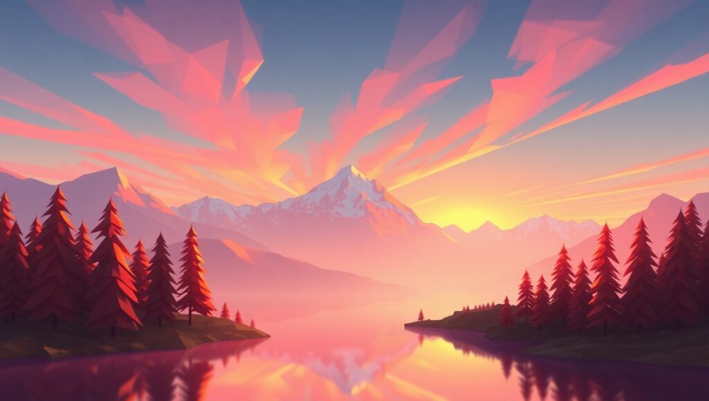 Low-Poly Sunset Over Mountains – free AI stock image