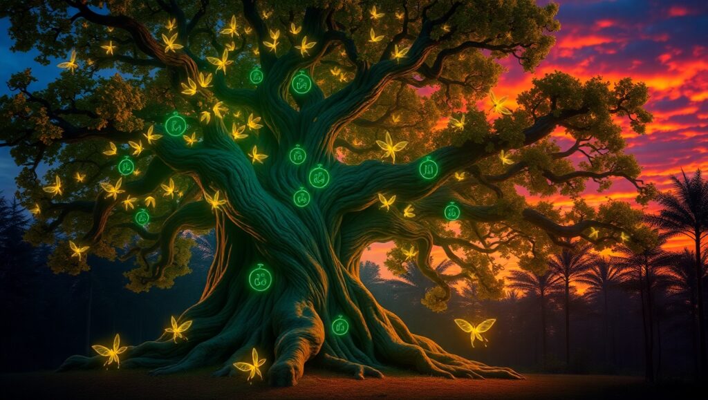 Luminescent Ancient Tree in Twilight – free AI stock image