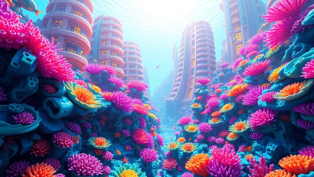Luminous Underwater Voxel City – free AI stock image