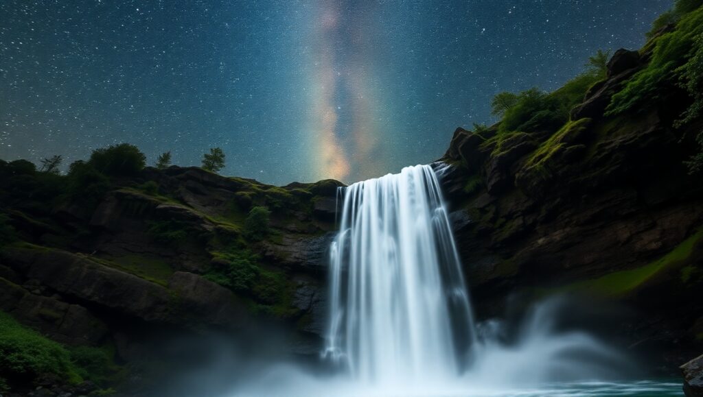 Luminous Waterfall Under Starry Night – free AI stock image