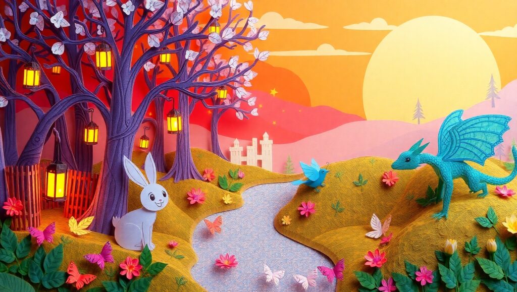 Magical Forest Papercraft Adventure – free AI stock image