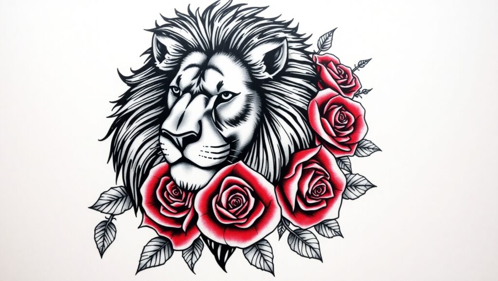 Majestic Lion and Roses Tattoo – free AI stock image