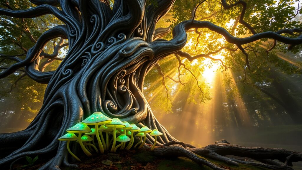 Majestic Tree Beneath Sunlit Canopy – free AI stock image