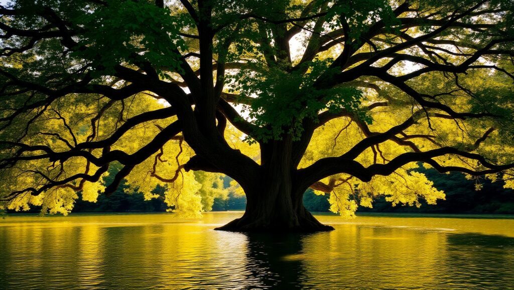 Majestic Tree by the Serene Lake – free AI stock image