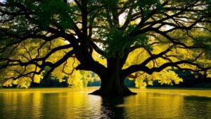 Majestic Tree by the Serene Lake – free AI stock image