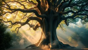 Majestic Tree in Enchanted Mist – free AI stock image