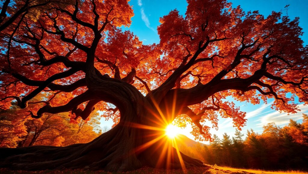 Majestic Tree Under Colorful Sunset – free AI stock image