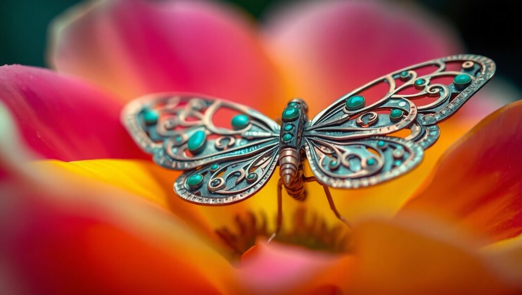 Mechanical Butterfly on Flower Petal – free AI stock image