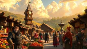 Medieval Market Day in Woodcut Style – free AI stock image