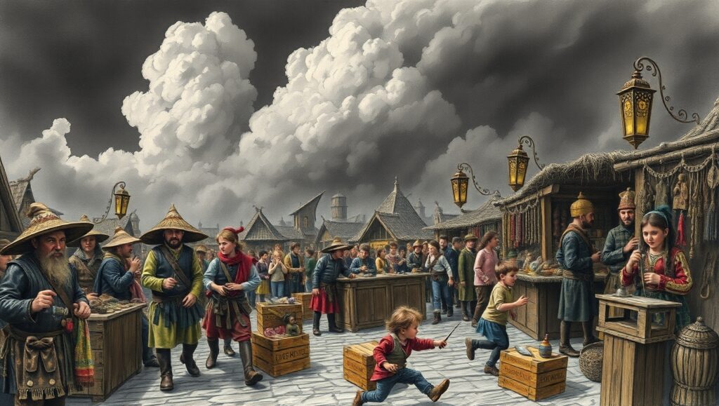 Medieval Marketplace in Charcoal – free AI stock image