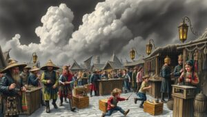 Medieval Marketplace in Charcoal – free AI stock image