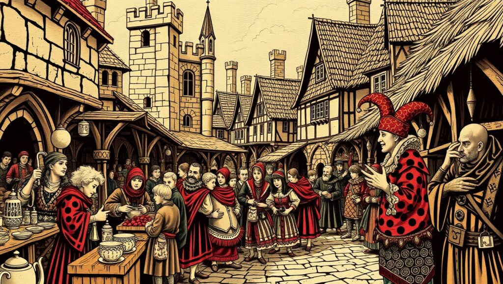 Medieval Marketplace in Woodcut Style – free AI stock image