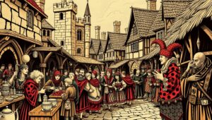 Medieval Marketplace in Woodcut Style – free AI stock image