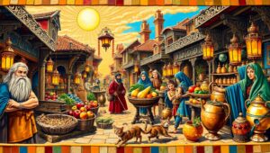 Medieval Marketplace Mosaic Scene – free AI stock image