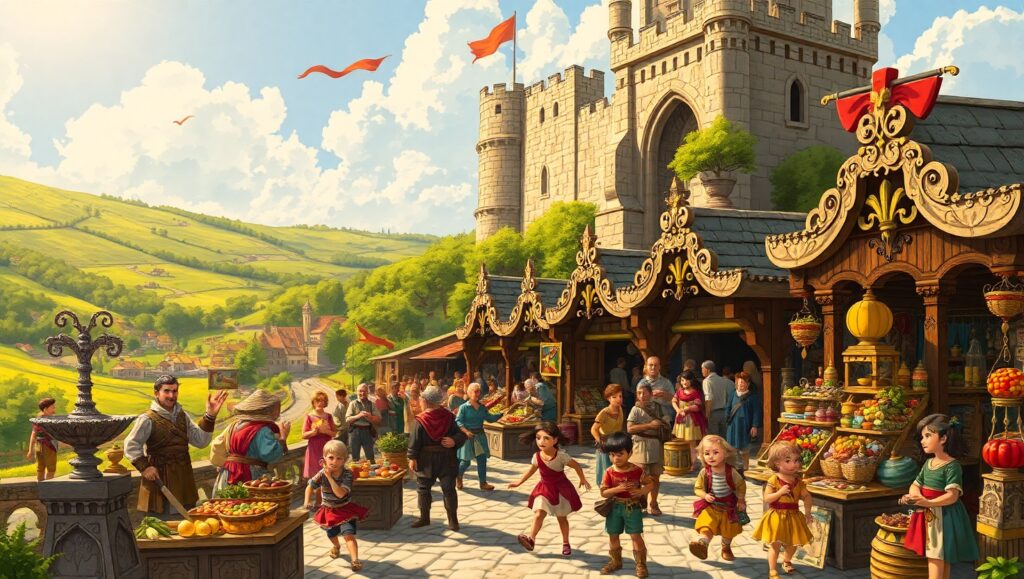 Medieval Marketplace Under Castle Shadows – free AI stock image