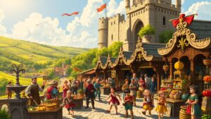 Medieval Marketplace Under Castle Shadows – free AI stock image