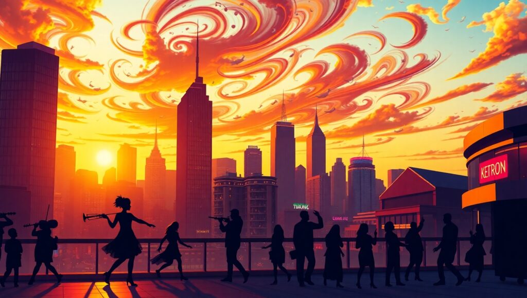 Melodic Cityscape at Sunset – free AI stock image