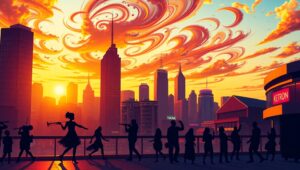 Melodic Cityscape at Sunset – free AI stock image