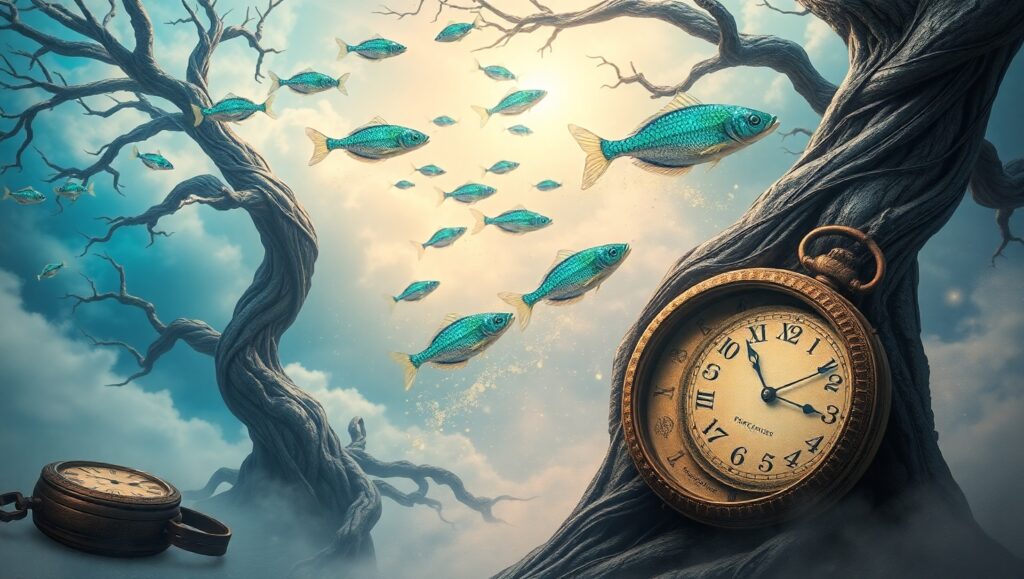 Melting Clocks in a Sky of Fish – free AI stock image