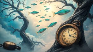 Melting Clocks in a Sky of Fish – free AI stock image