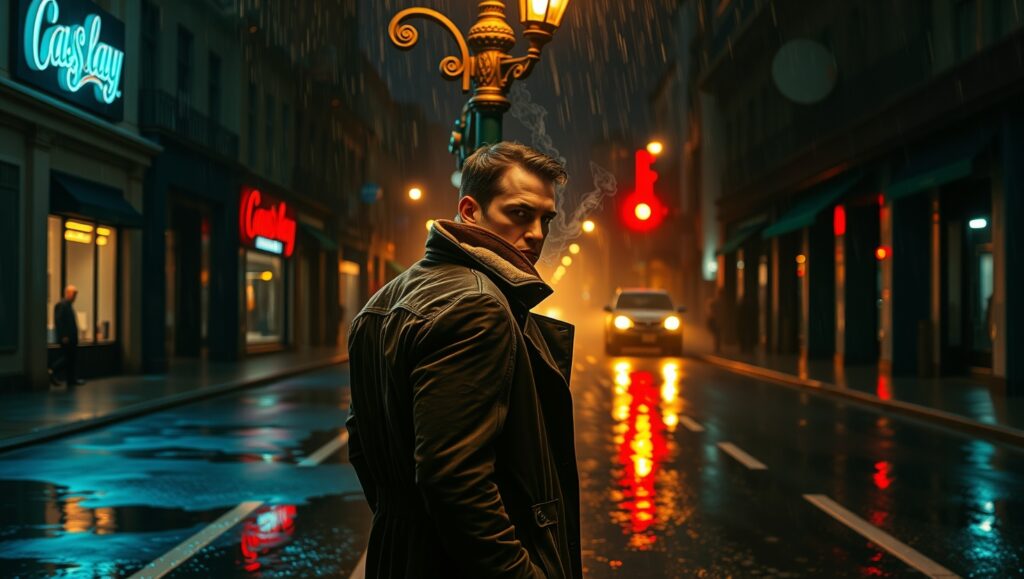 Midnight Encounter in Rainy City – free AI stock image