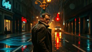 Midnight Encounter in Rainy City – free AI stock image