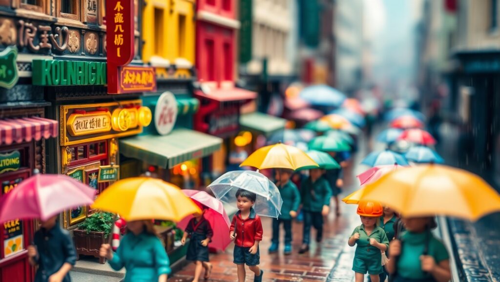 Miniature Market in the Rain – free AI stock image