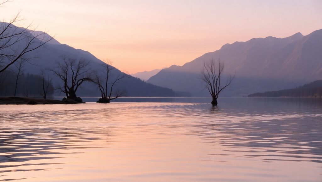 Minimalist Sunrise Over Tranquil Lake – free AI stock image