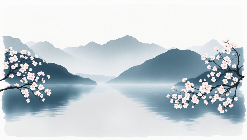 Mist and Blossoms in Ink Wash – free AI stock image