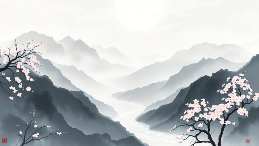Mist-Drifted Mountains at – free AI stock image