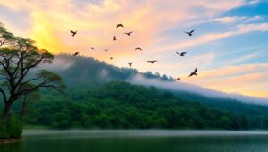 Misty Lake at Sunrise – free AI stock image