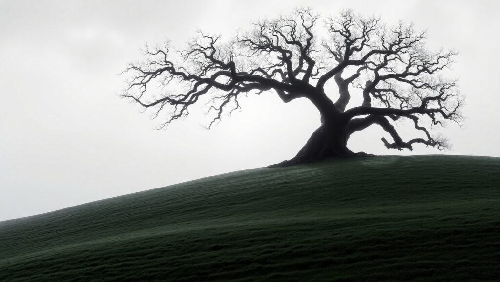 Misty Monochrome Tree Silhouette – free AI stock image