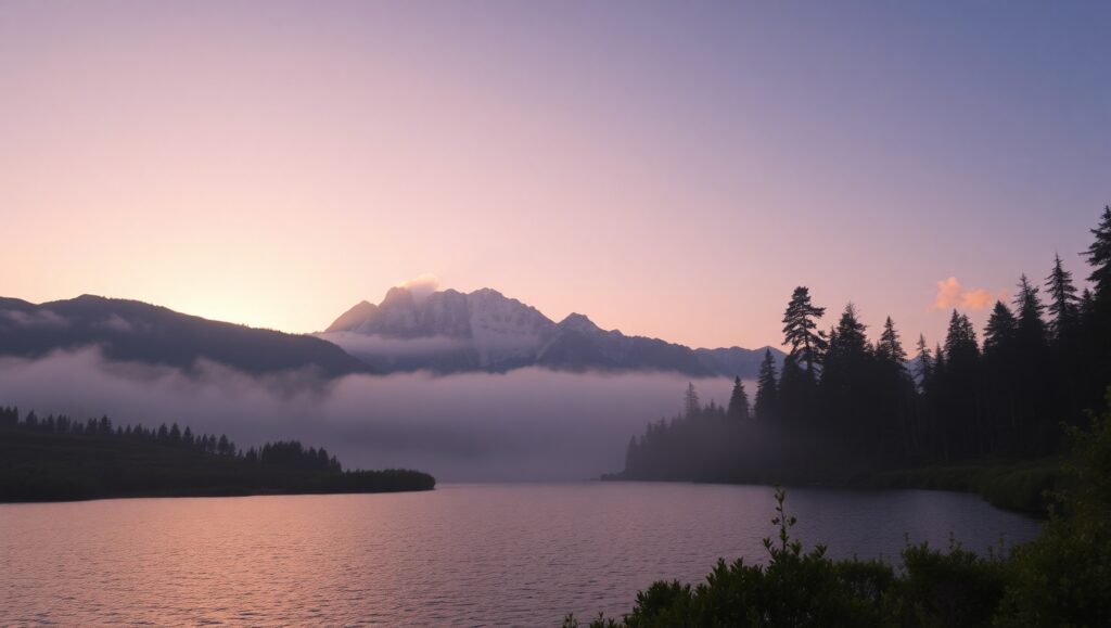 Misty Mountain Sunrise Reflection – free AI stock image