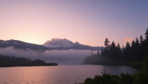 Misty Mountain Sunrise Reflection – free AI stock image